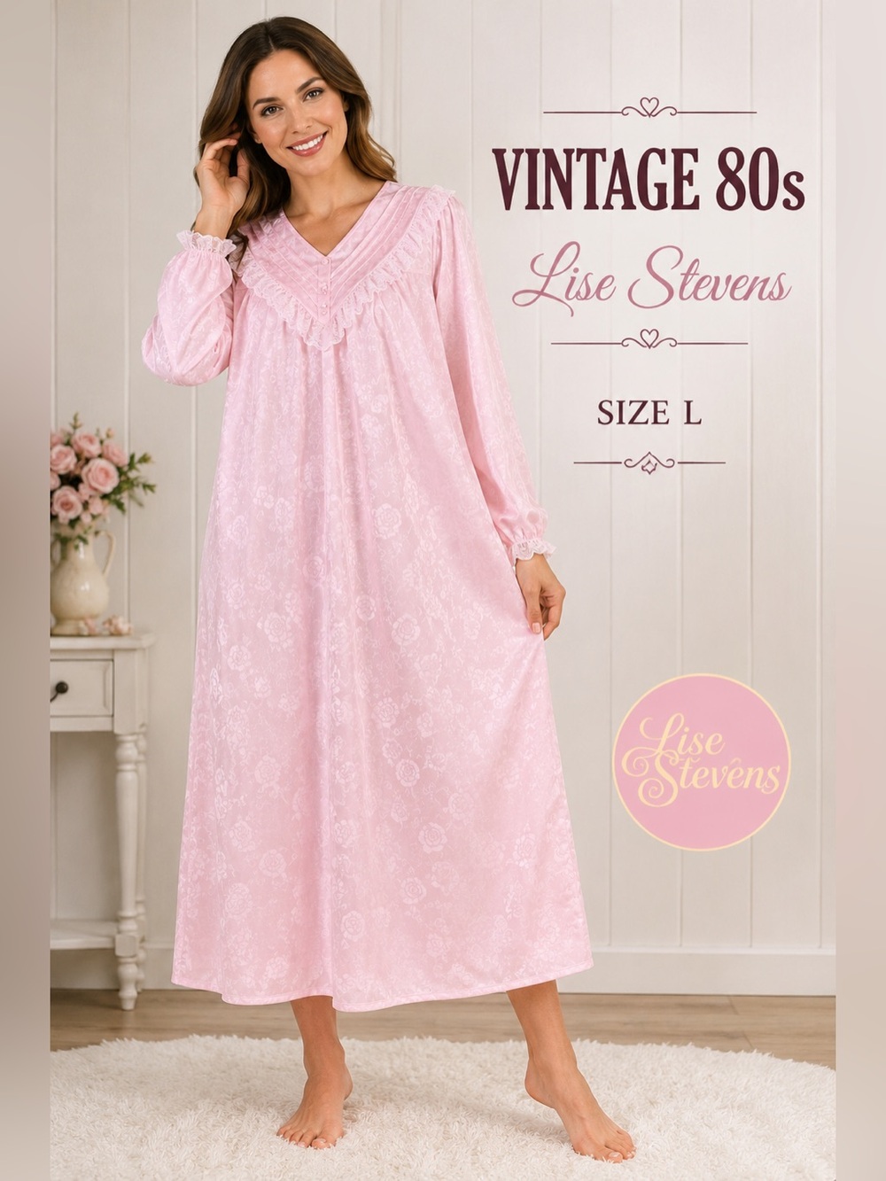 Vintage 1980s Ilise Stevens Pink Satin Lace Nightgown Size L